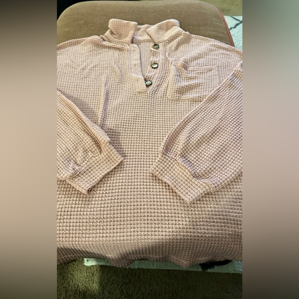 Chic Pink Button Down Waffle Knit Shirt